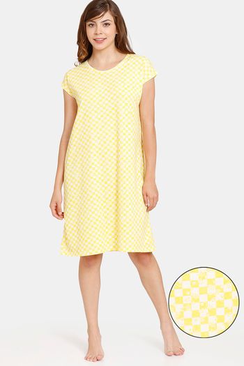 Buy Rosaline Geo Blooms Knit Cotton Knee Length Nightdress -Minion Yellow